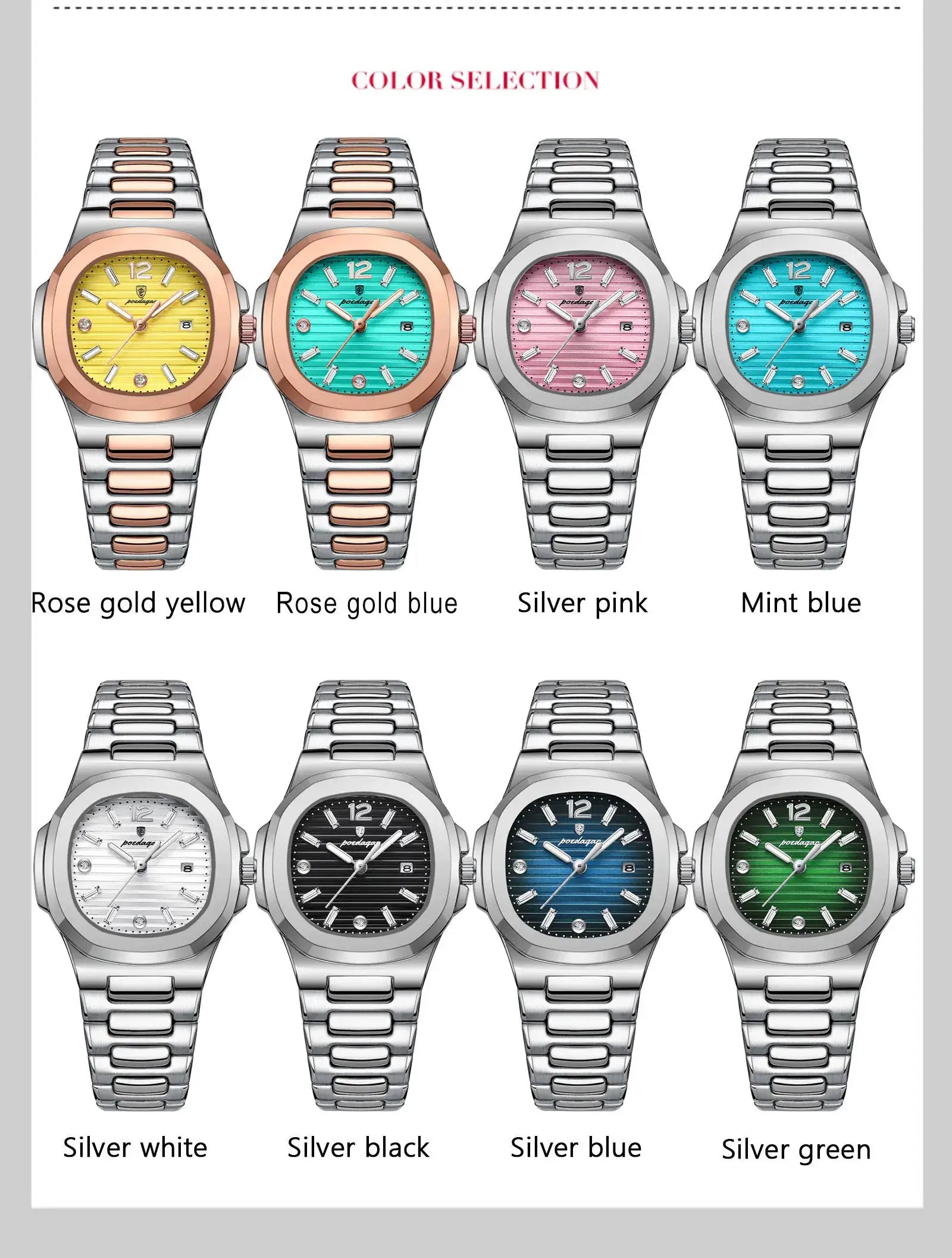 POEDAGAR square fashion women's wristwatch collection in 8 color variants