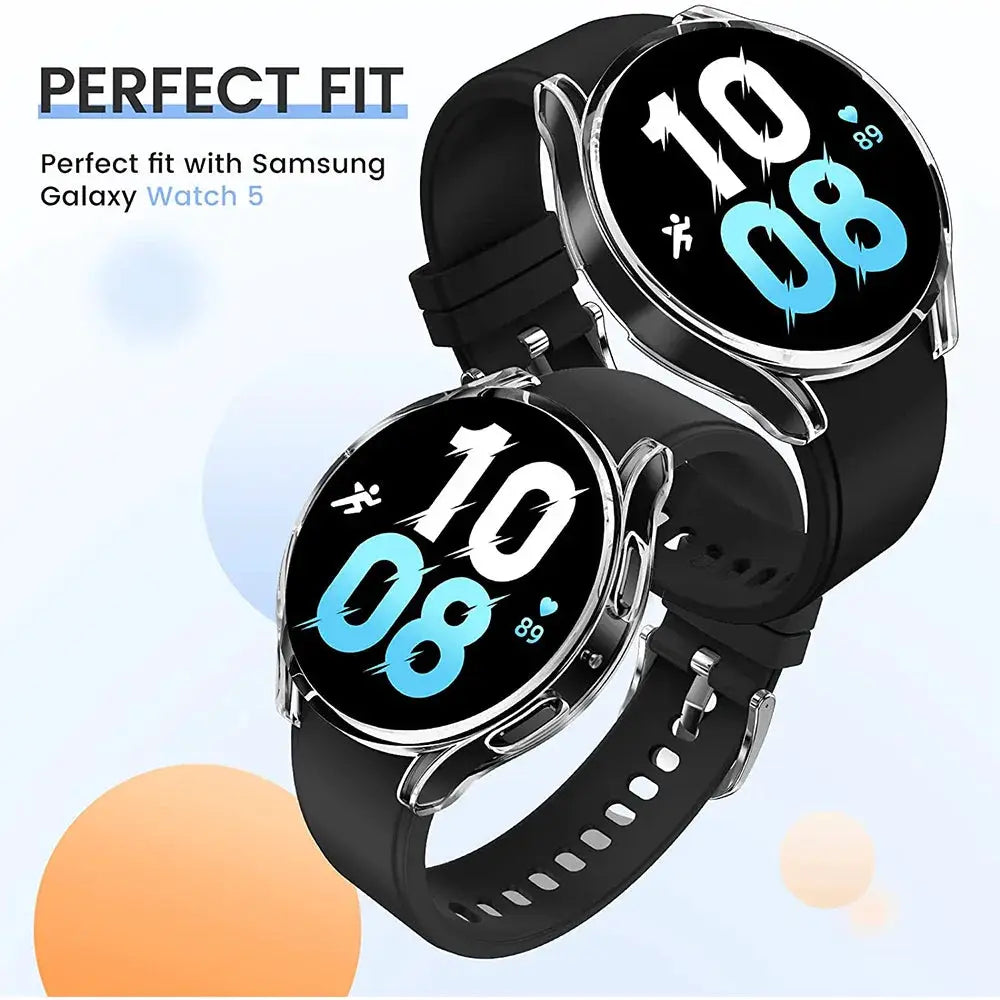 Soft TPU watch case for Samsung Galaxy Watch 4–7 (40mm/44mm); two watches shown, shockproof anti-scratch.