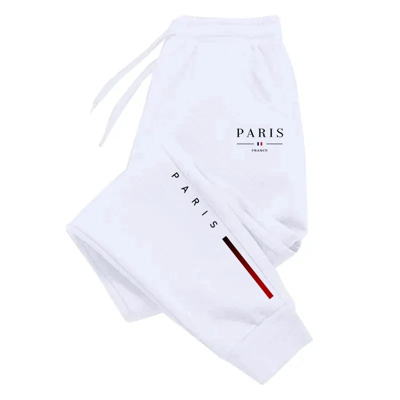 Men's Paris printed white jogger sweatpants with red stripe