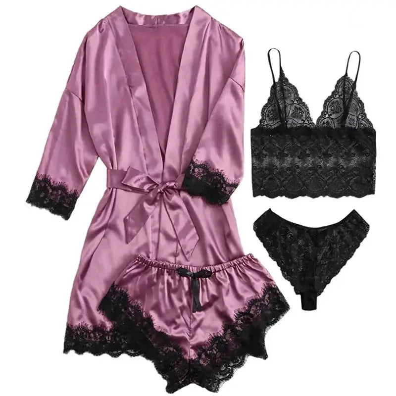 LuxeSilk 4 Piece Satin Sleepwear Set With Lace Robe For Women Breathable Silk Comfort And Elegant Nightwear