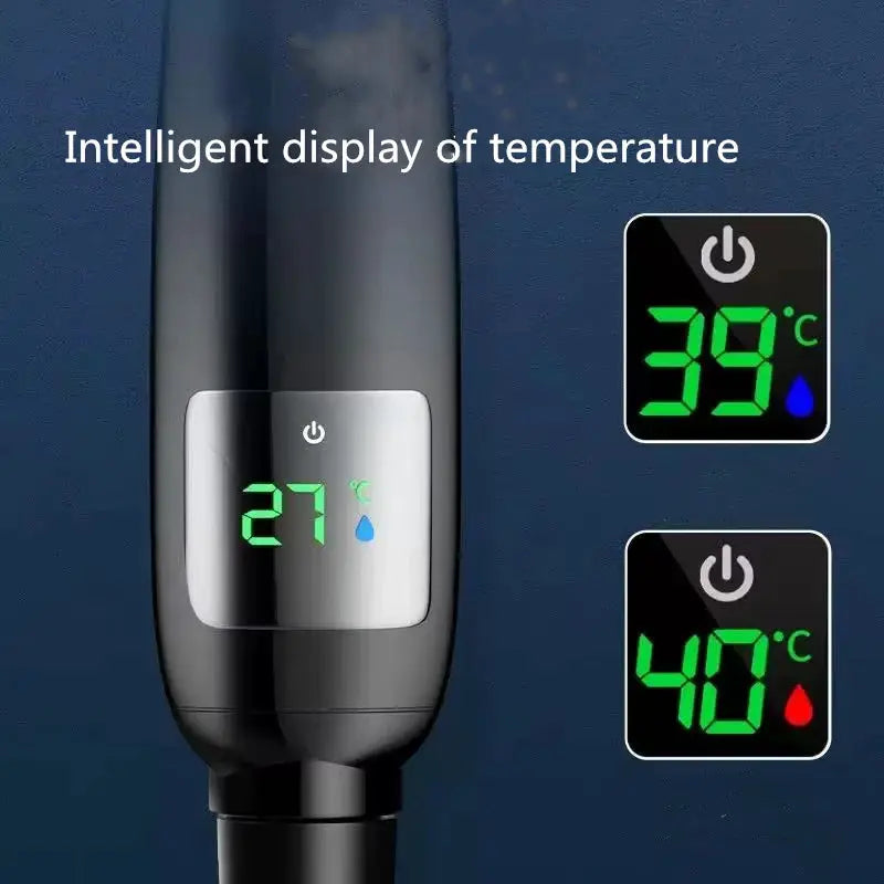 Simples Market high-pressure handheld shower head with LED temperature display; black body and silver control panel.