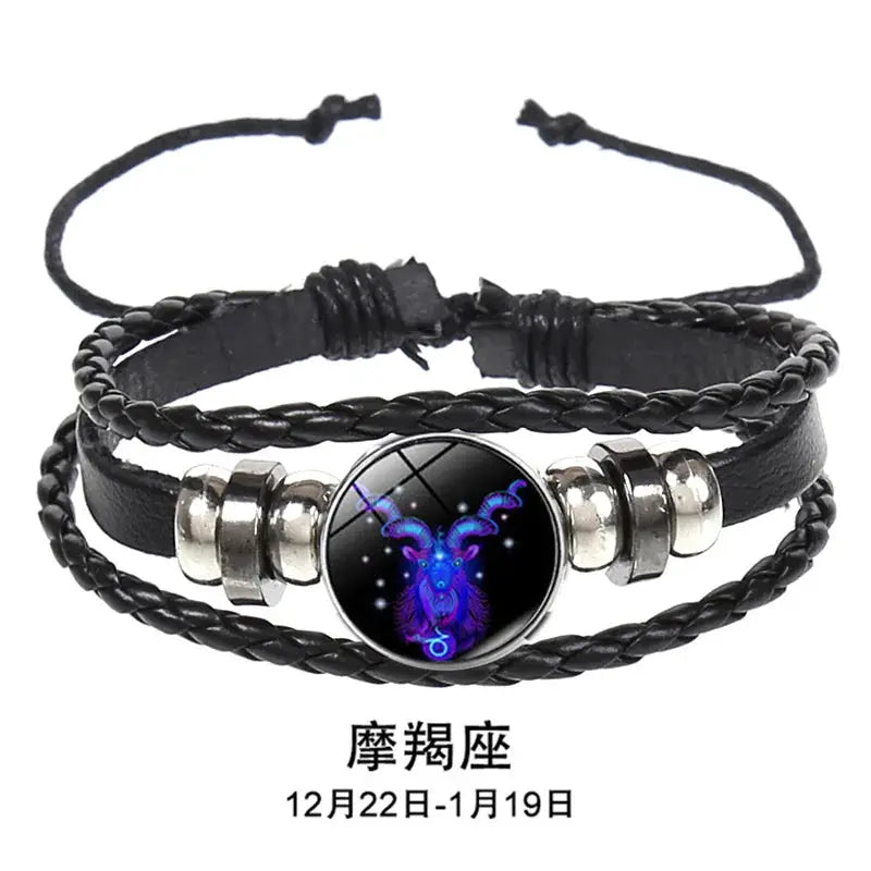 12 Constellation Zodiac Sign Luminous Charm Leather Wrap Bracelet Multilayer Vintage Unisex Bangle