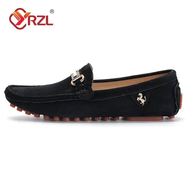 YRZL men's black suede loafers with gold emblem, slip-on driving moccasin with brown nubbed sole