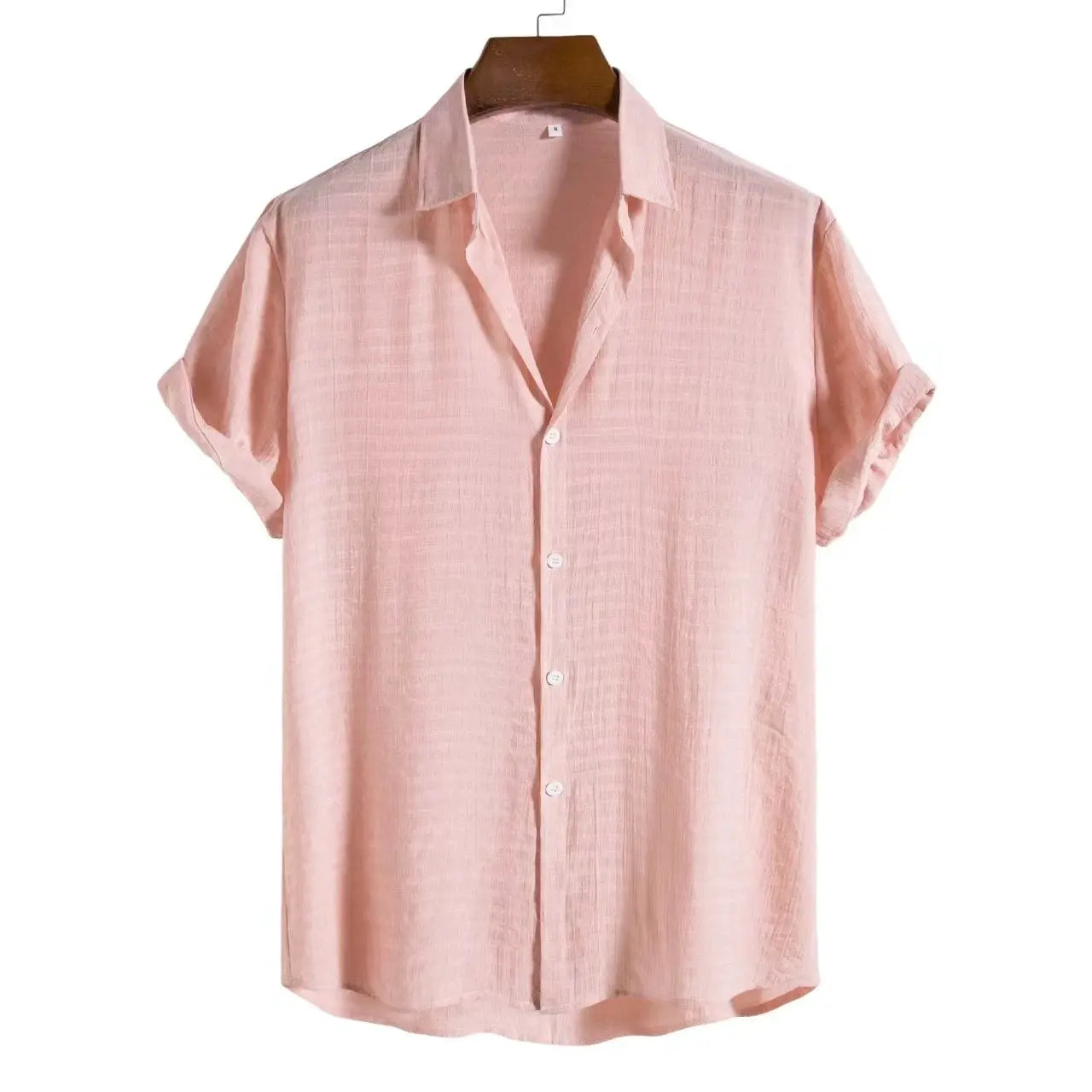 Men's pink cotton-linen blend short-sleeve shirt on hanger; breathable casual summer top