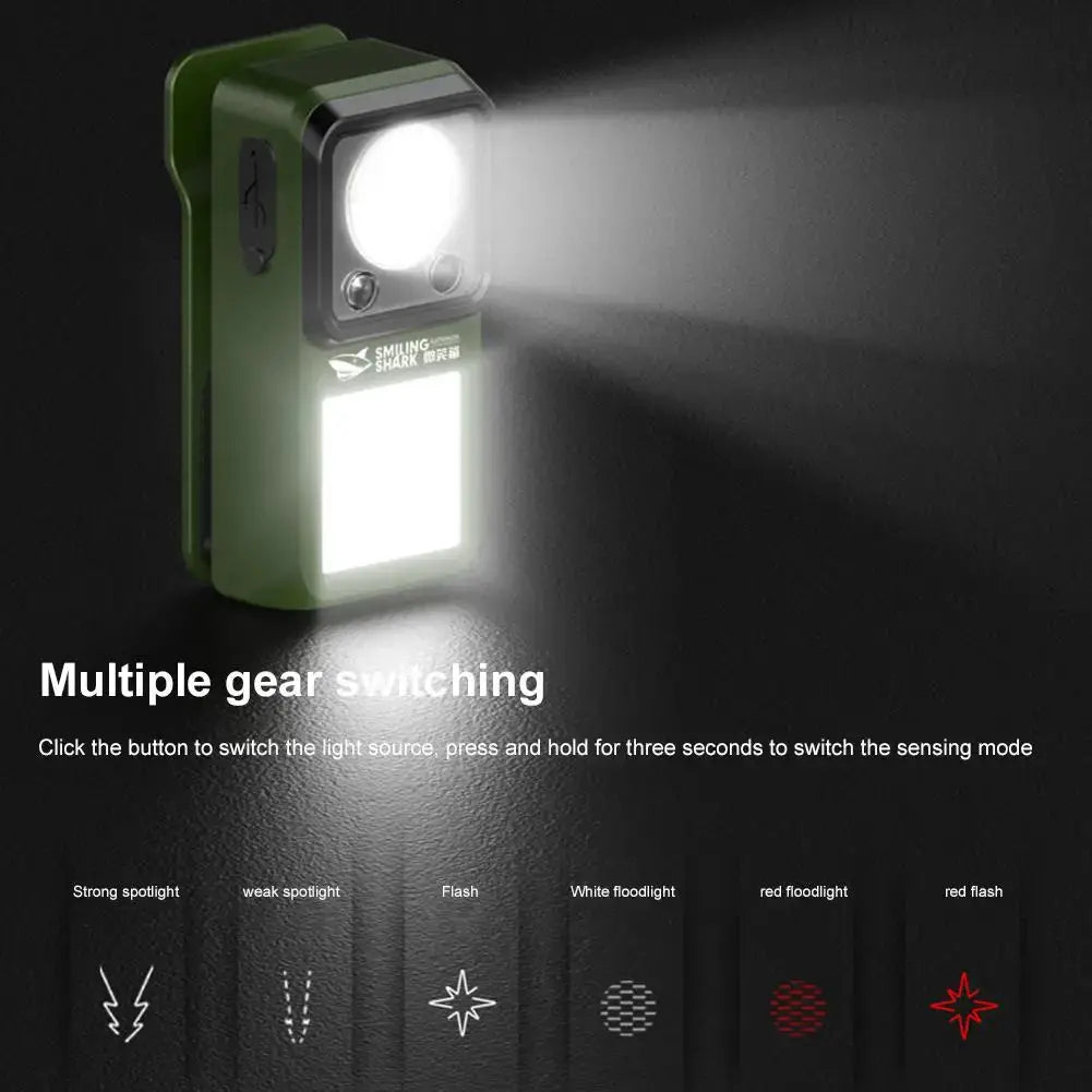 LED magnetic clamp flashlight, green, rechargeable clip-on camping light with multiple modes.