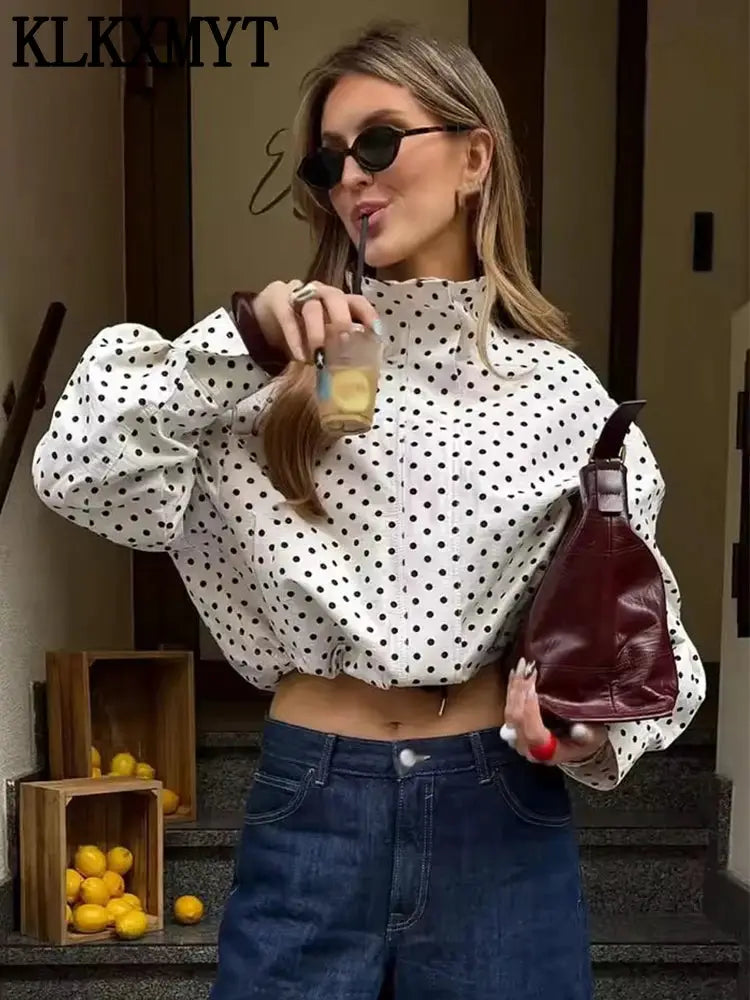 PolkaChic Polka Dot Print Short Coat For Women Elegant Office Ready Long Sleeve Jacket Regular Fit Polyester