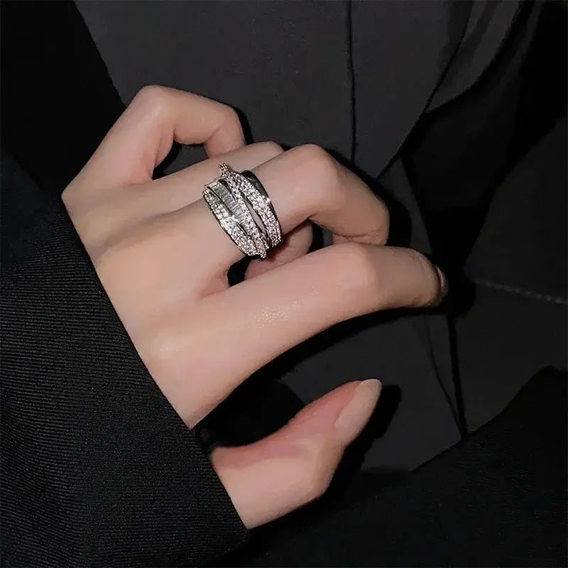 2024 Silver Color Rhinestone Ring Set For Women Multi Layer Winding Zircon Rings Wedding Fashion Jewelry Gift