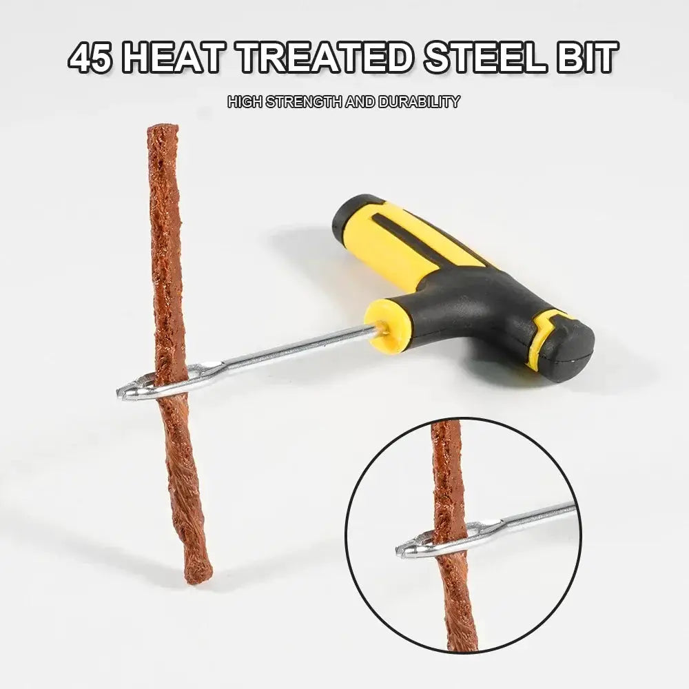 2-piece tire repair kit: brown rubber strips and steel insertion tool with yellow and black handle