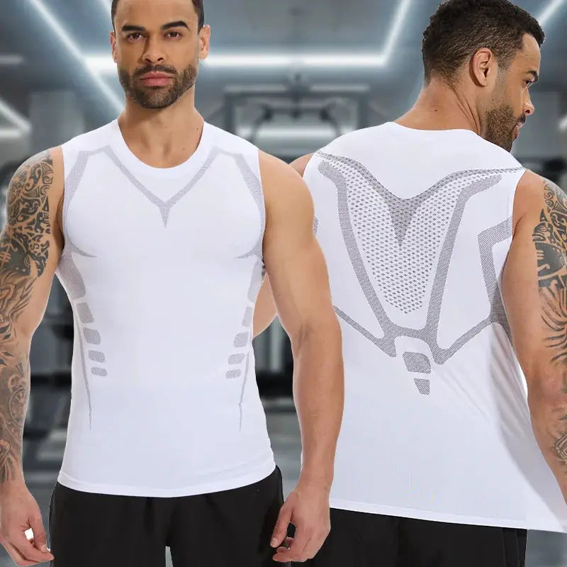 Men's white shapewear compression vest; Simples Market sleeveless tank with gray panel design, front and back view