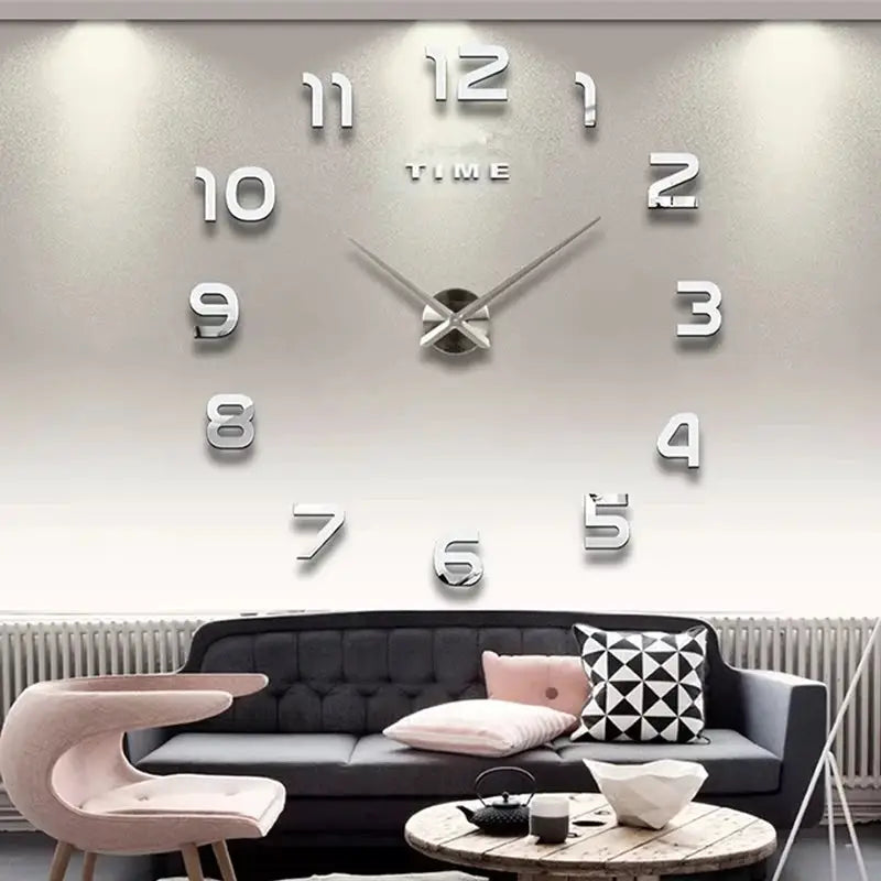 Large wall clock with 3D silver acrylic mirror numbers for modern living room decor