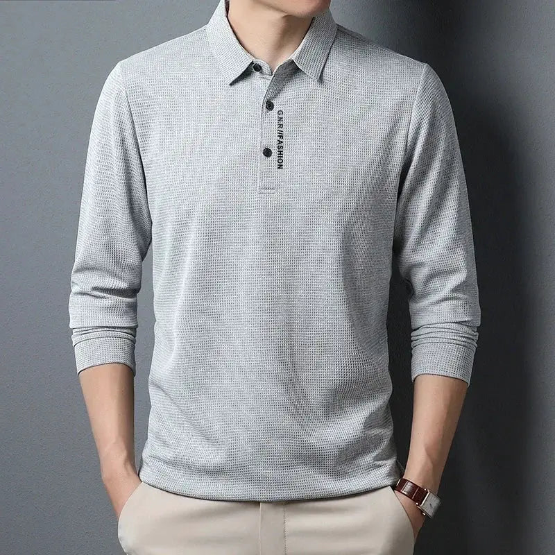 Men's waffle-knit long-sleeve polo shirt in light gray, casual top
