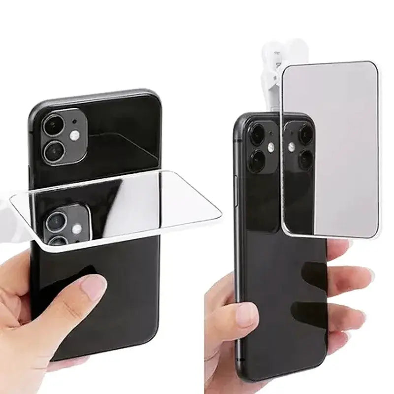 Portable phone camera reflectors by Simples Market with clear mirror panels; two shown for outdoor sky and lake shots