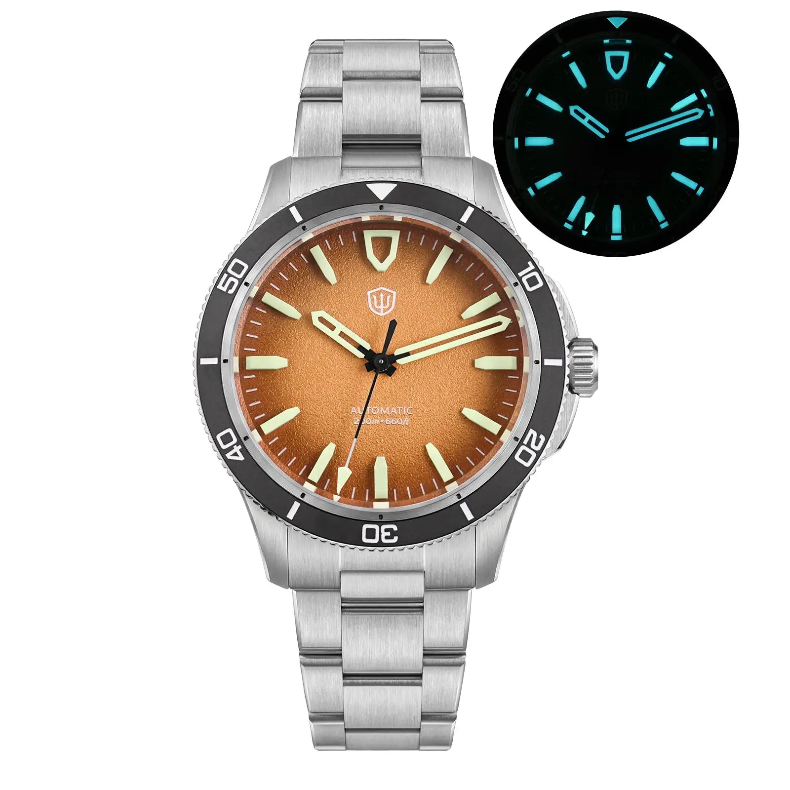 Watchdives Premier WD0019 automatic diver watch; stainless steel bracelet, orange sunburst dial, black bezel