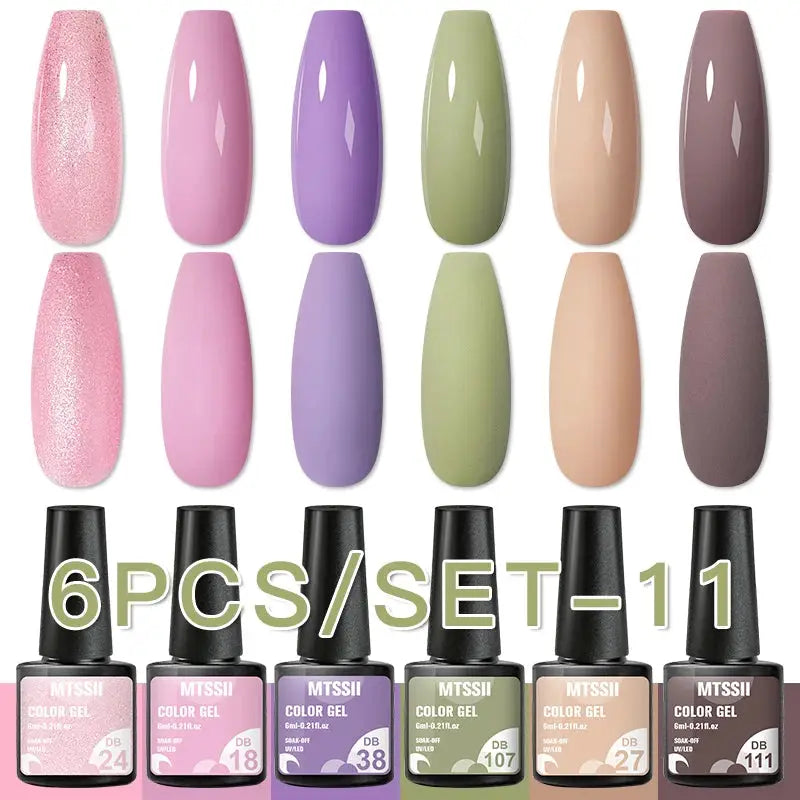 6-piece gel nail polish set in pastel colors with glitter pink swatches and MTSSI bottle labels