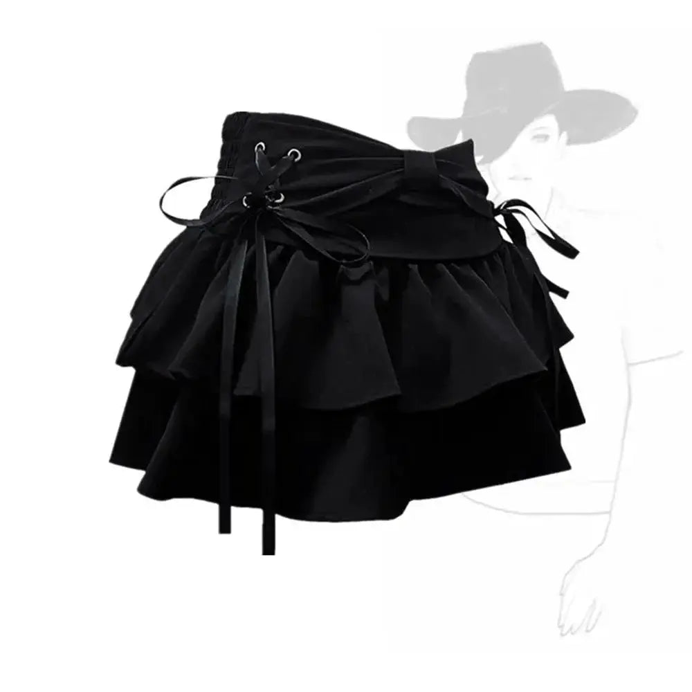 Mini skirt by Simples Market: black layered ruffle design with lace-up waist bow, Gothic streetwear style.