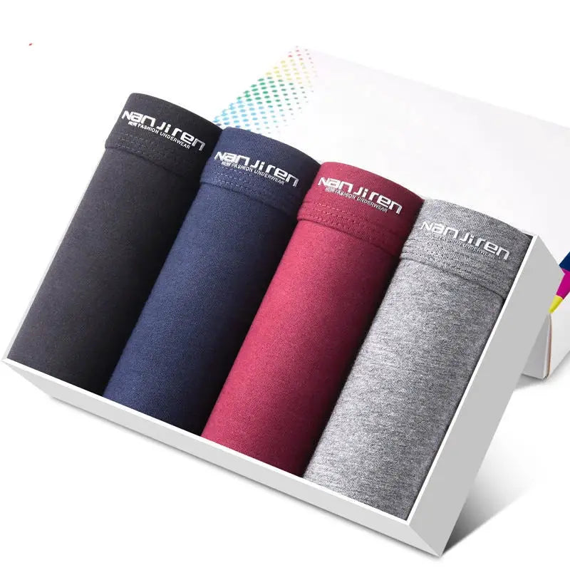 4-pack men's boxer shorts with Nanjiren waistband in black, navy, burgundy and gray, displayed in a white box