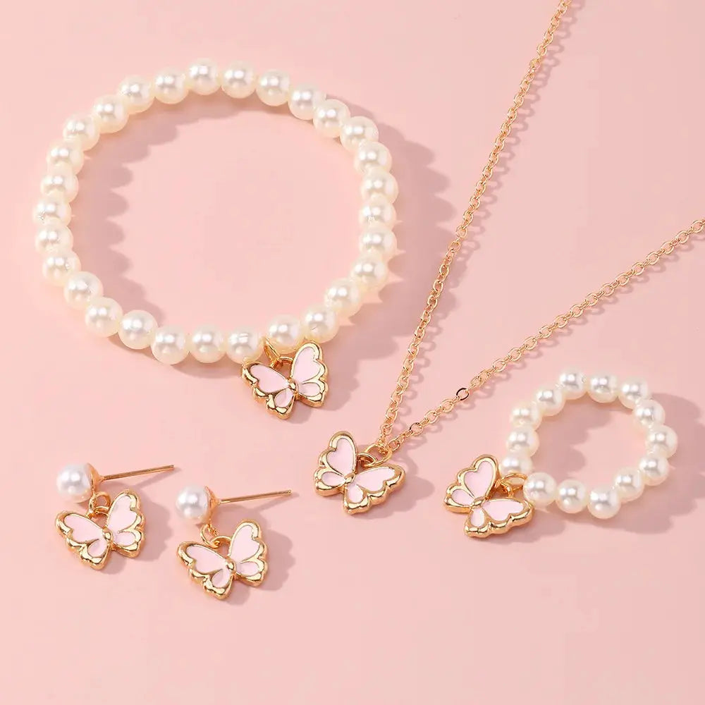 Butterfly Jewelry Set 4 Piece for Women Girls Ring Necklace Bracelet Earrings Simulated Pearl Gold Tone Trendy Cute Gift