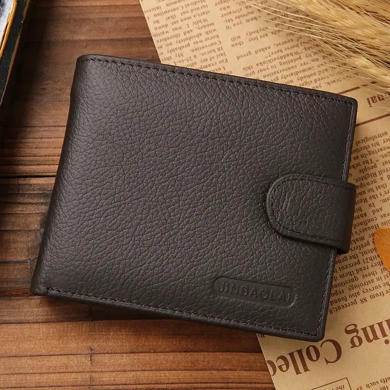 Men's leather wallet by JINBAOLAN, dark brown with strap closure