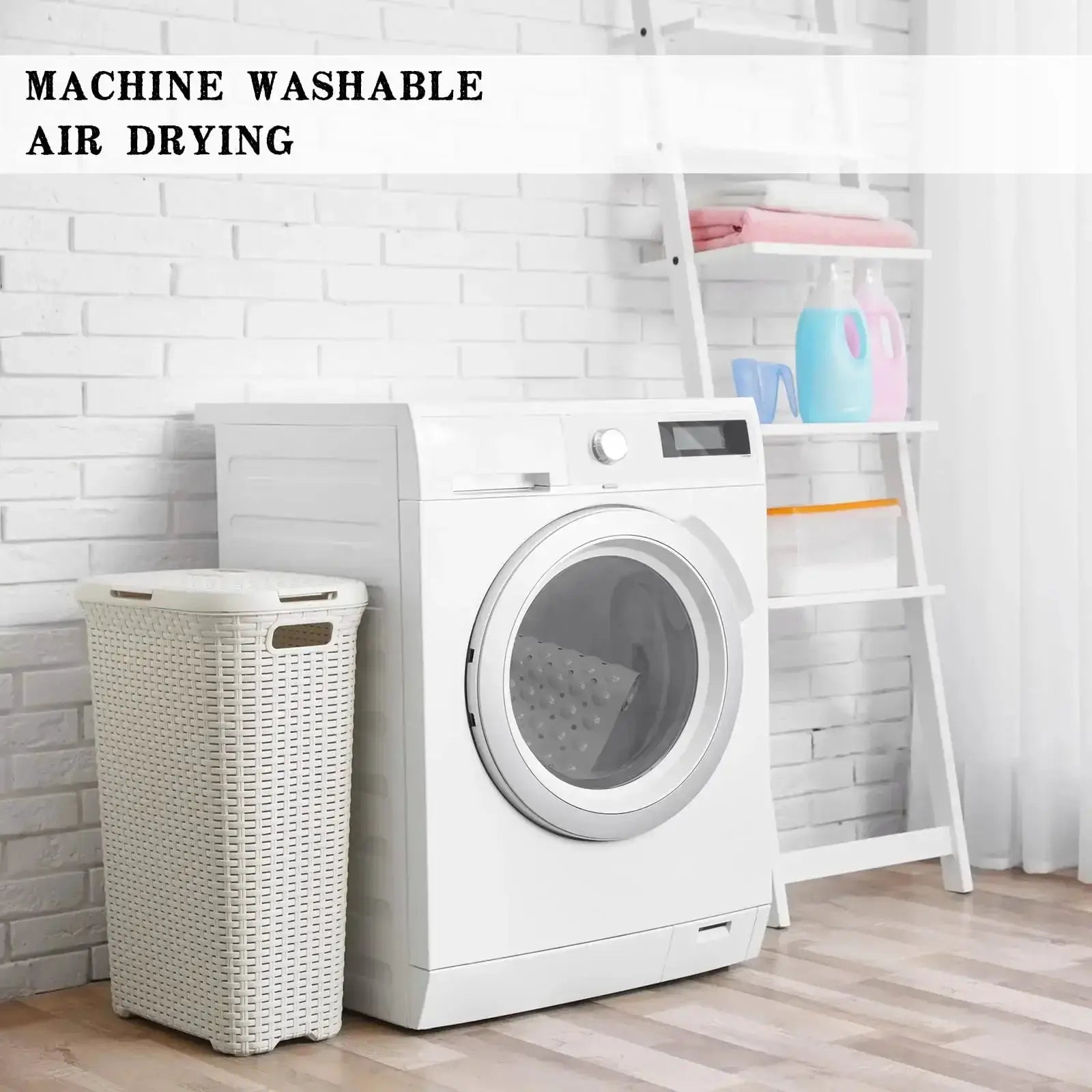 Bath mat by Simples Market in a bathroom scene with a white washing machine and laundry basket