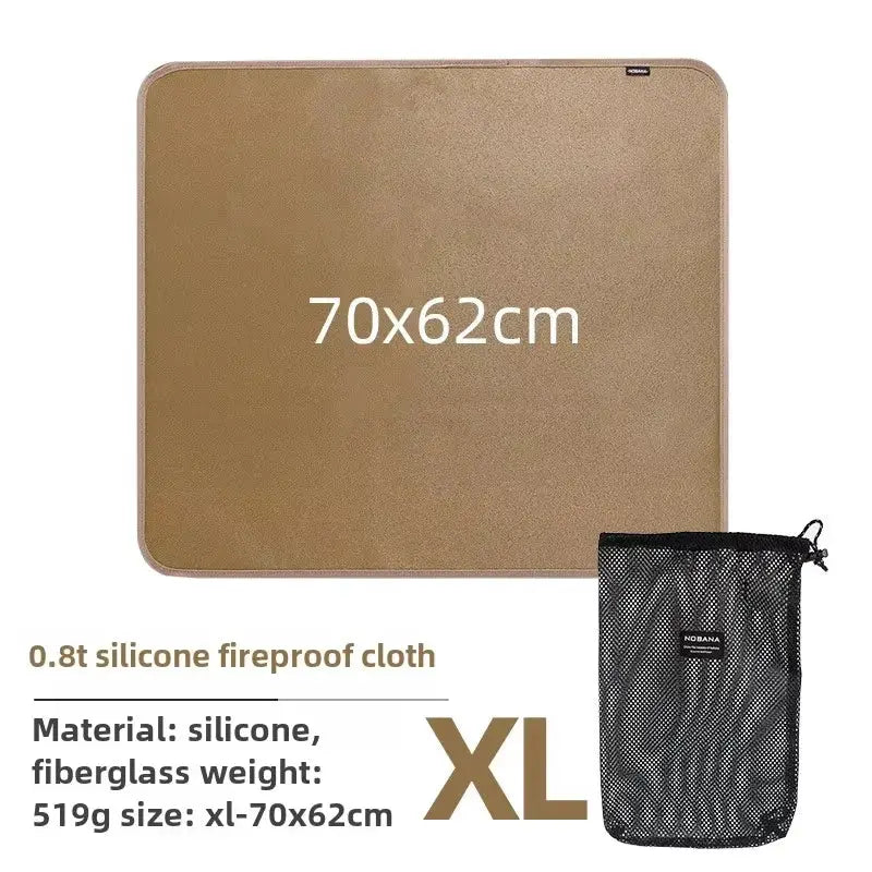 Simples Market fireproof silicone cloth mat, XL 70x62cm, tan, with black mesh carry bag.