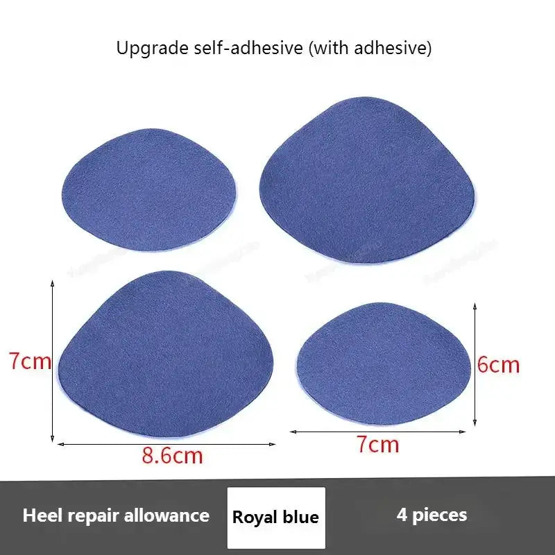 Royal blue self-adhesive heel repair patches for sneakers, four pieces in assorted shapes.