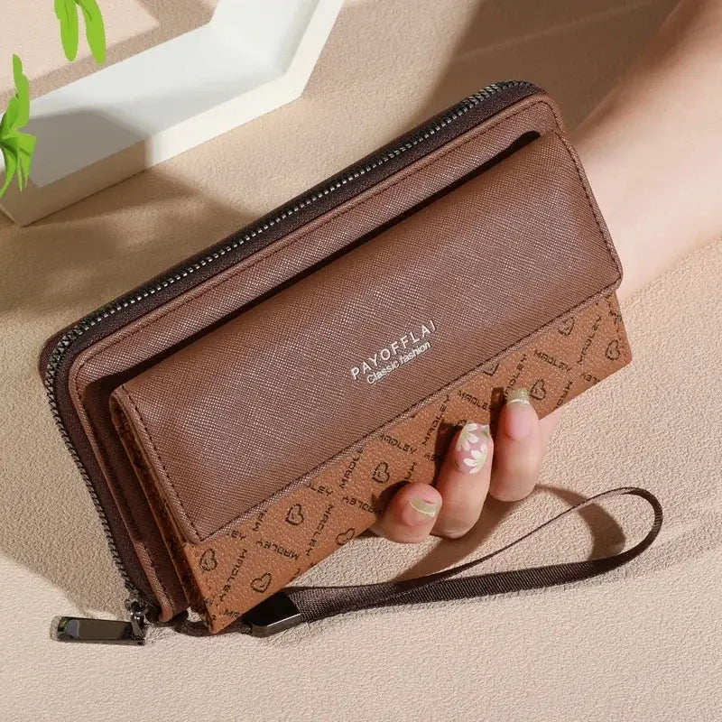 Classic men's faux leather wallet, brown color-block design, double-layer with snap closure and zippered card holder