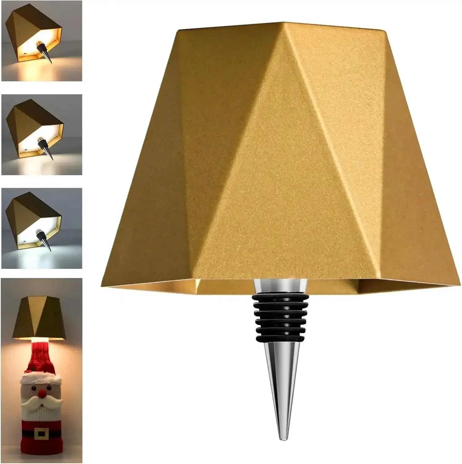 LED wireless wine bottle lamp with gold pyramid shade; touch-activated portable desk light