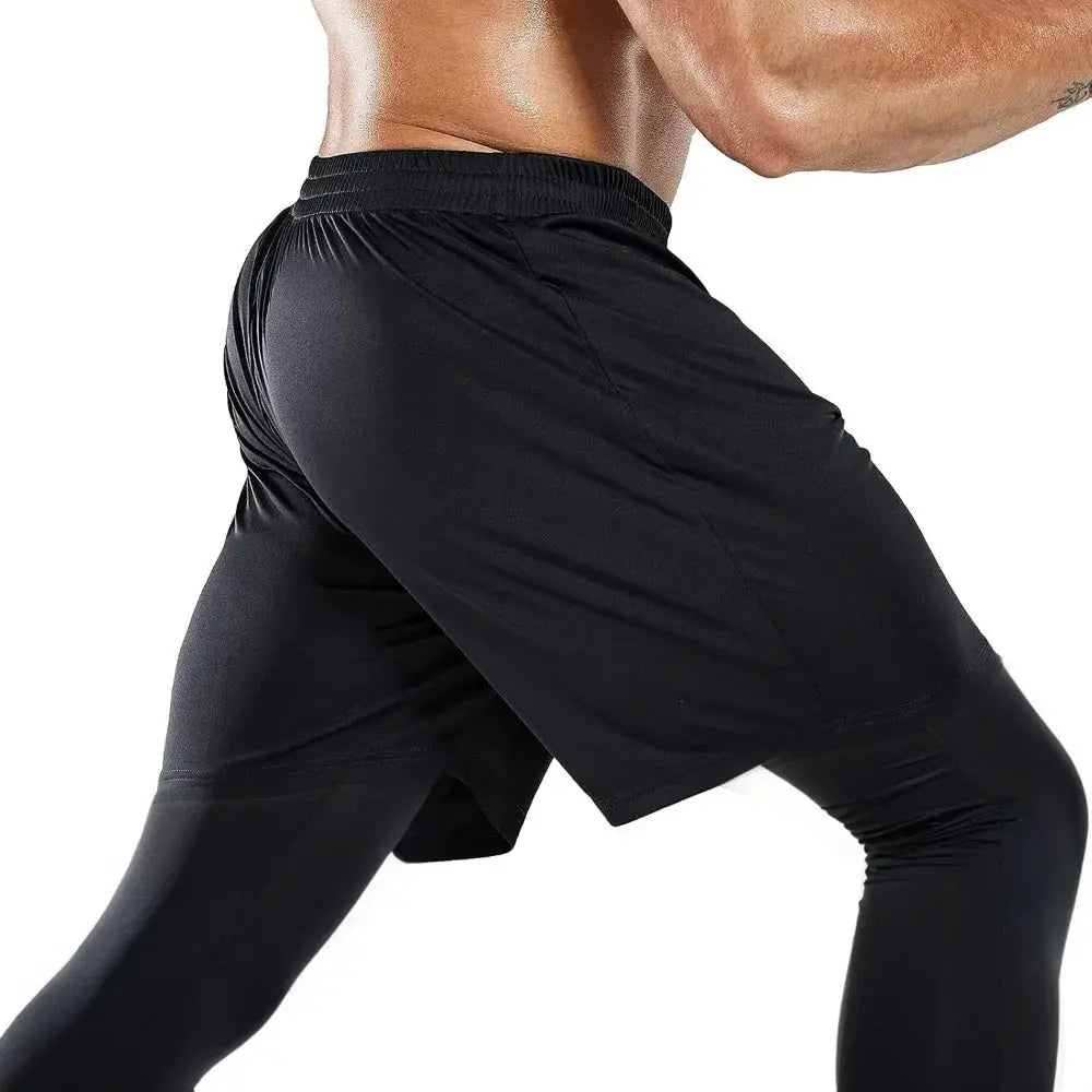 Men's 2-in-1 compression sport pants with black shorts over leggings, elastic waistband