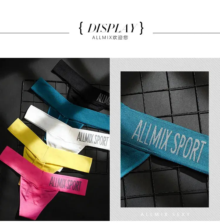 Assorted-color women's thong set with elastic wide waistband; ALLMIX SPORT branding, 5 pieces.