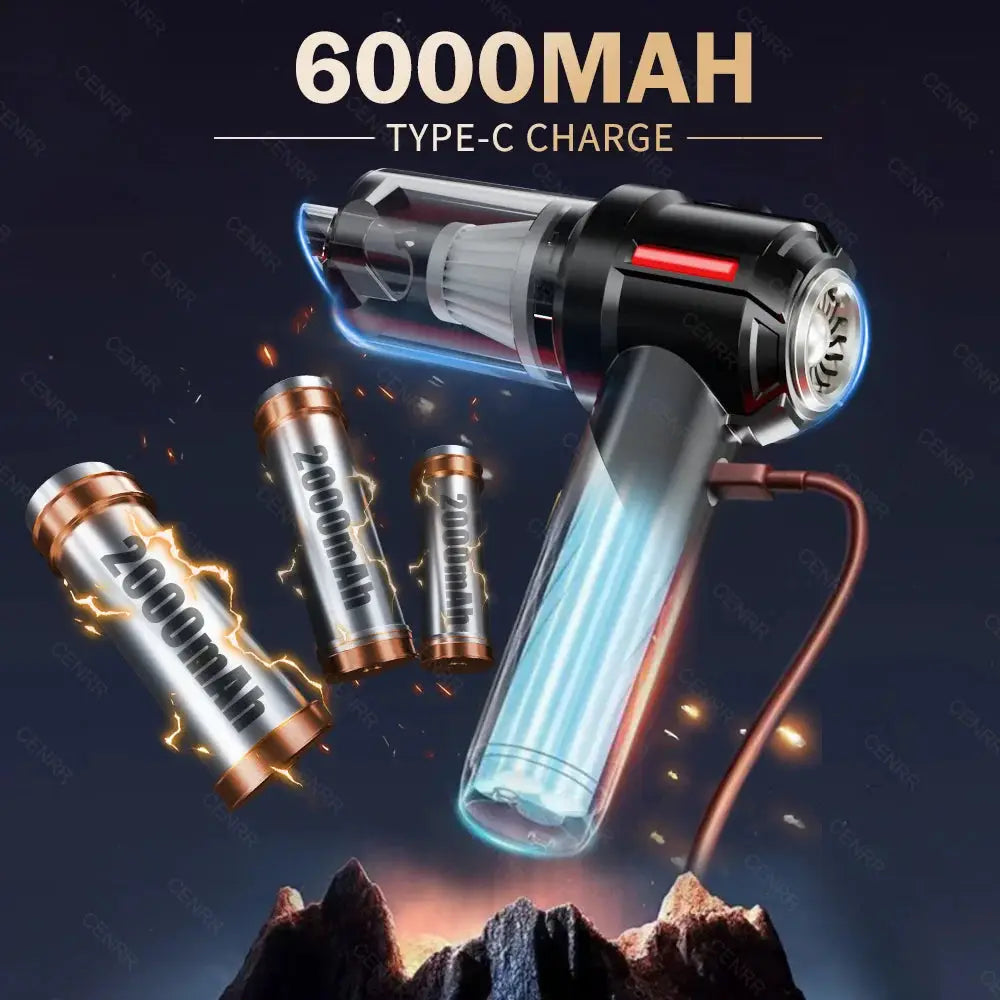 CENRR cordless car vacuum cleaner handheld with transparent dust chamber and three 2000mAh batteries
