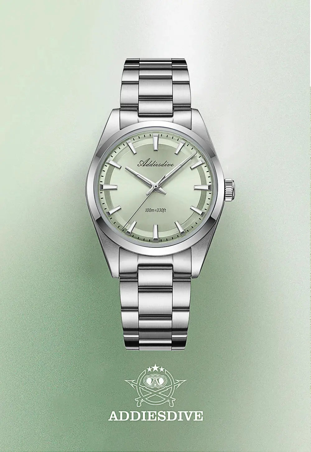 ADDIESDIVE men's stainless steel quartz watch, 36mm, mint green dial, 100m water resistant.