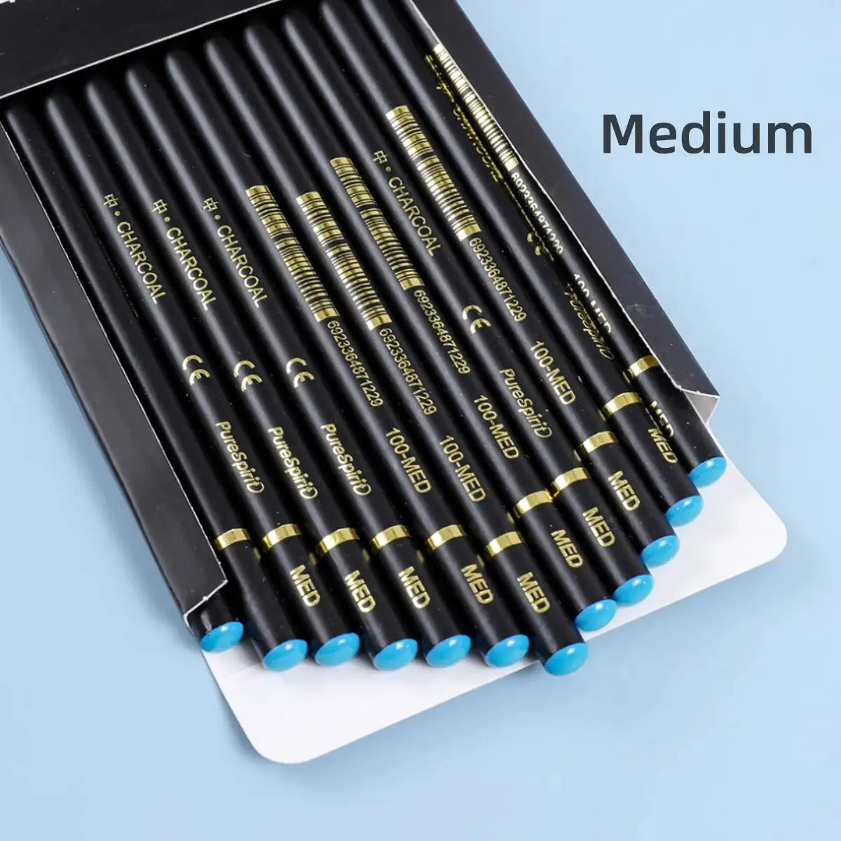Simples Market 12-pack charcoal pencils for drawing, black wood with gold lettering, medium grade
