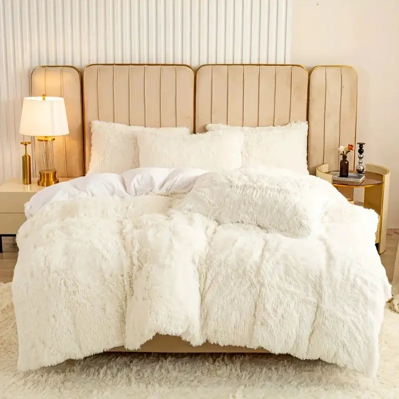 3-Piece Luxurious Plush Duvet Cover Set by Simples Market on white fluffy bedding with a beige tufted headboard