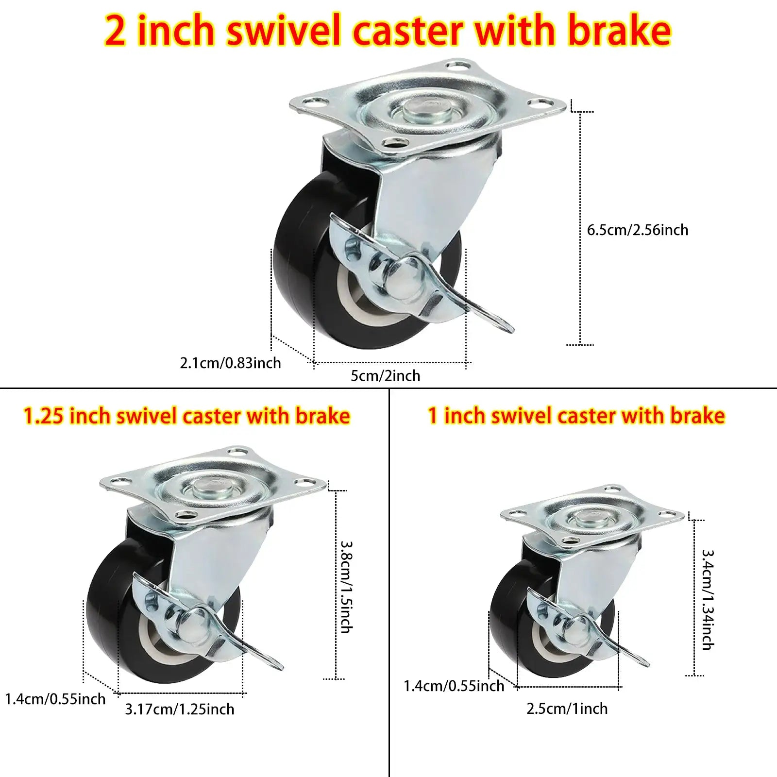 Set Of 4 PVC Furniture Casters 1 Inch 1.25 Inch And 2 Inch Silent Heavy Trolley Wheels 360 Degree Swivel Castors