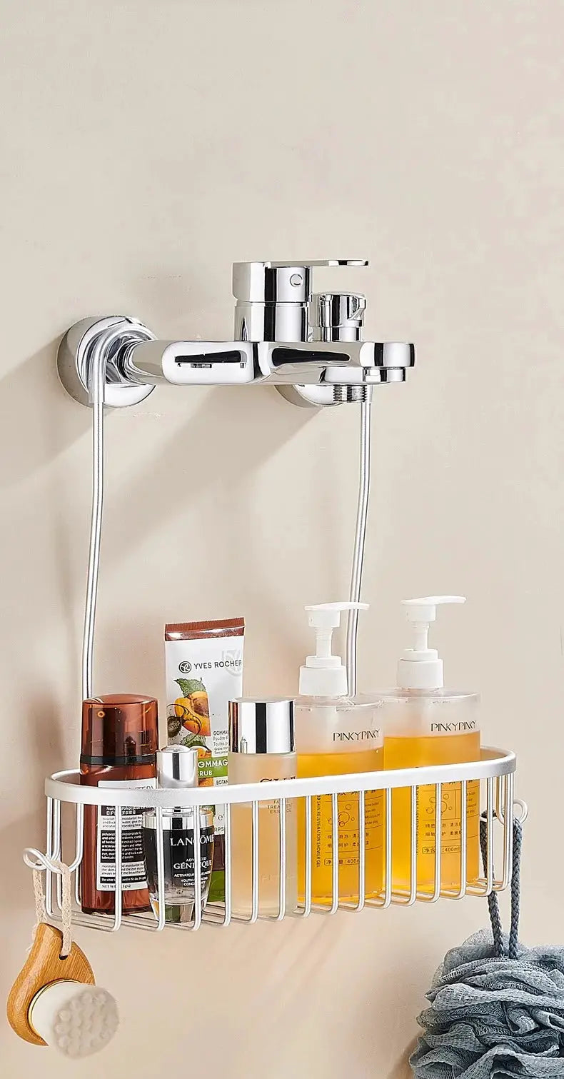 Simples Market chrome shower caddy hanging organizer with shelf and hooks for shower faucet or cross bar