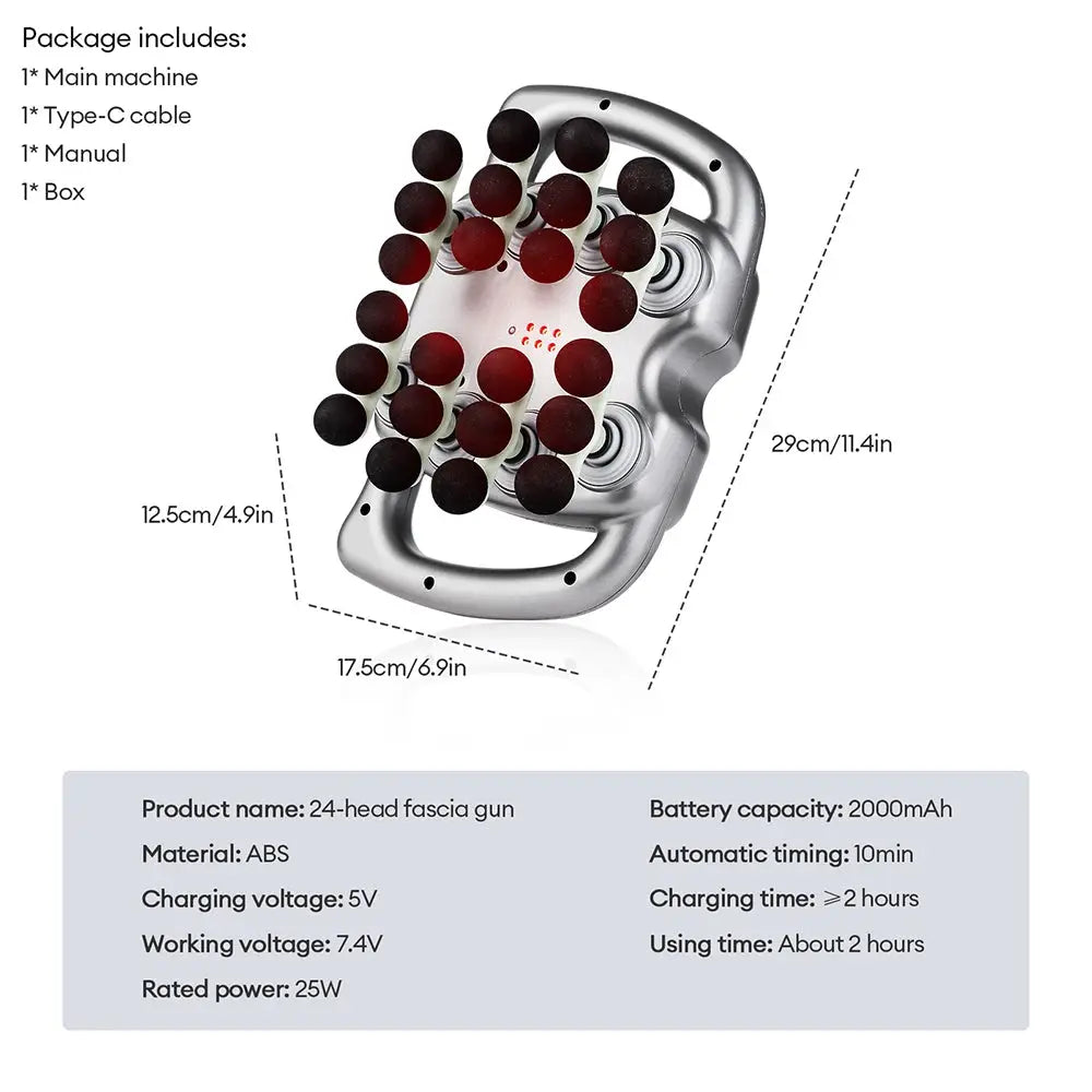 Simples Market 42-head fascia gun, high-frequency vibration massage device with silver ABS body