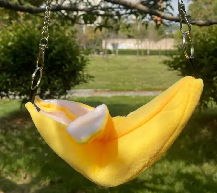 Banana-shaped hamster bed hammock, yellow plush with metal hanging clips