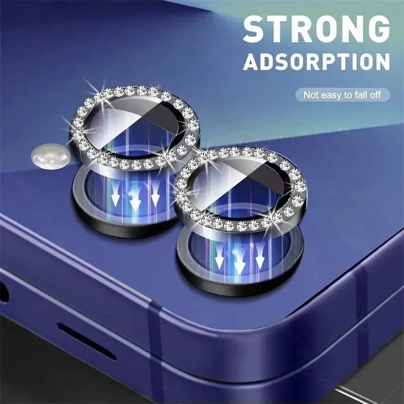 Two crystal diamond camera lens ring protectors for Samsung Galaxy Z Flip7, silver with rhinestone borders