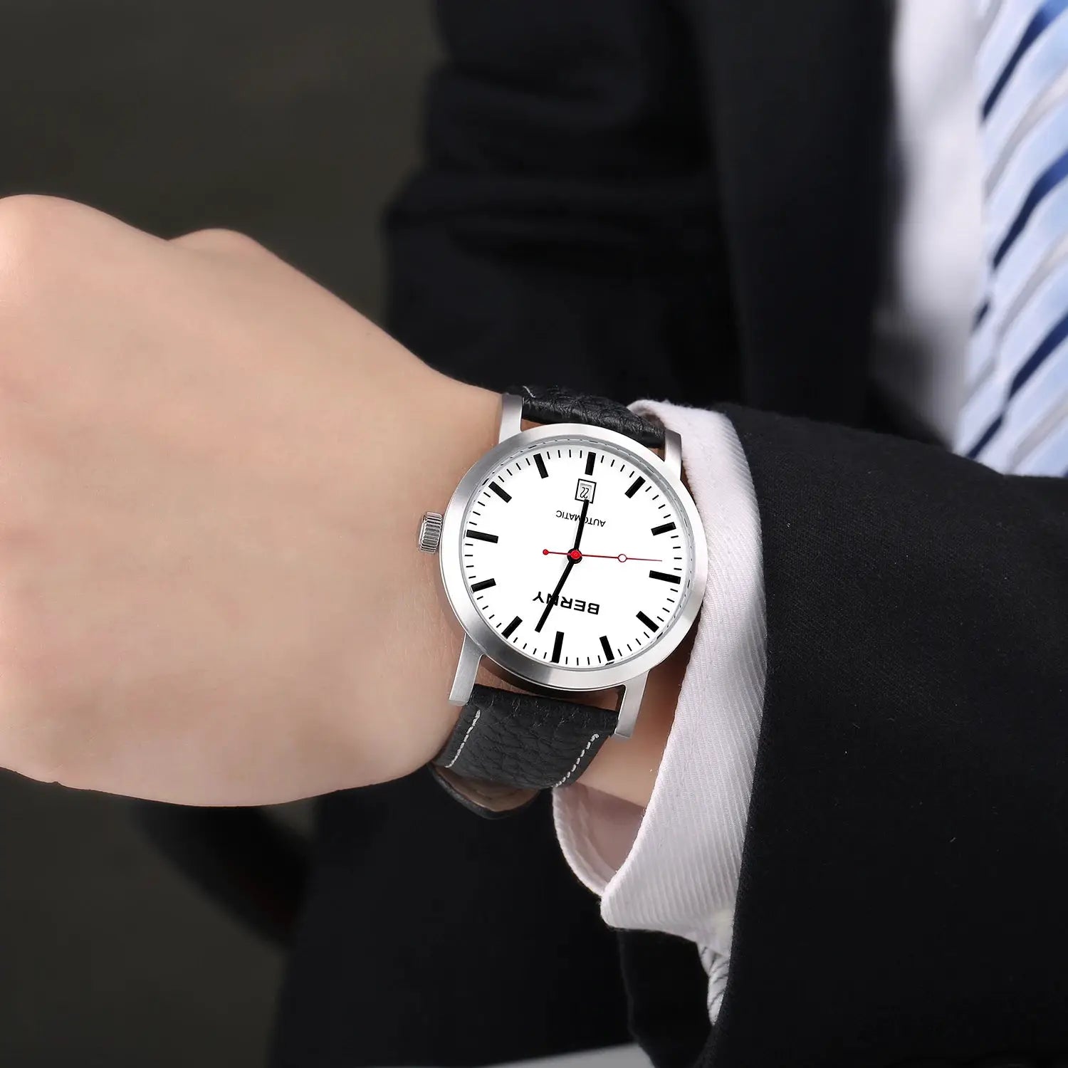 BERNY men's wristwatch with white dial, black markers, red seconds hand, leather strap