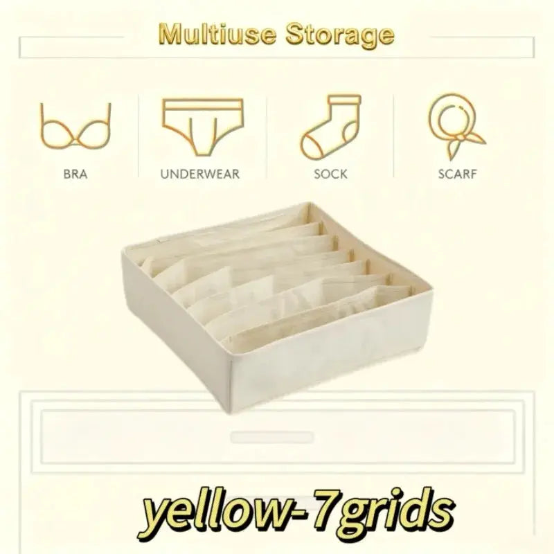 Cream-colored drawer storage box with seven compartments for organizing underwear, socks and bras.