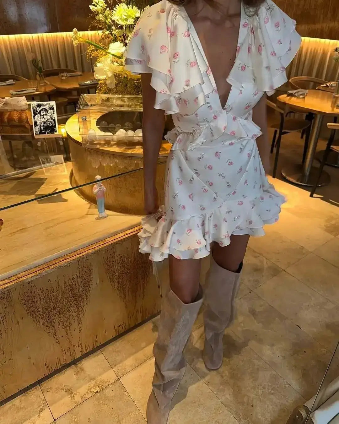 Women's 2026 Spring Summer Ruffled Floral Short Skirt Dress V Neck