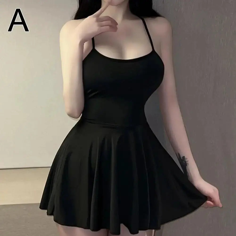 Simples Market black pleated mini dress with spaghetti straps