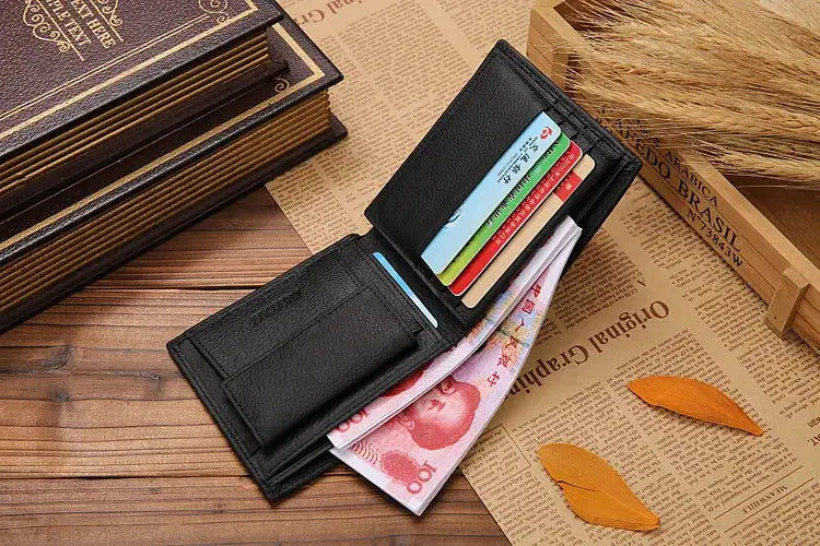 Men's black genuine leather wallet with card slots and cash compartment, Simples Market