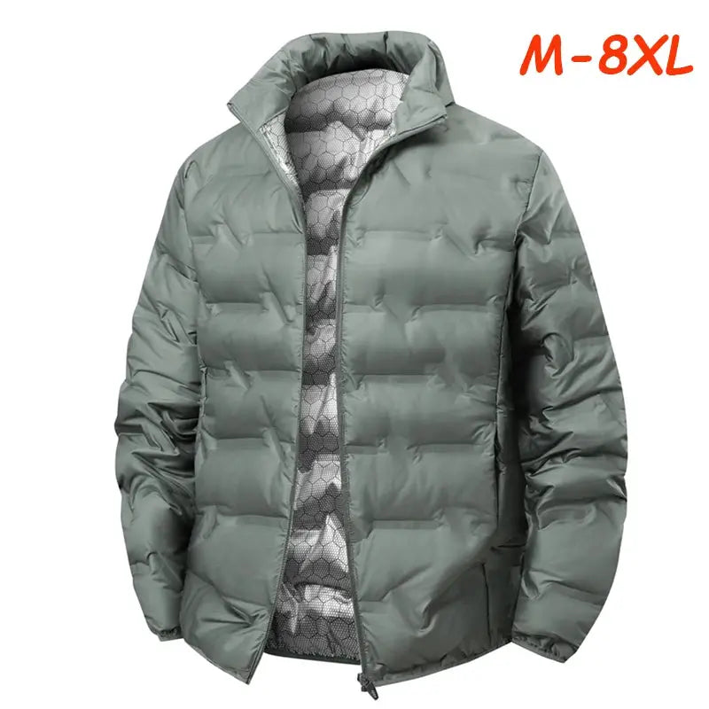 Men's sage green duck-down puffer jacket with stand collar, sizes M-8XL