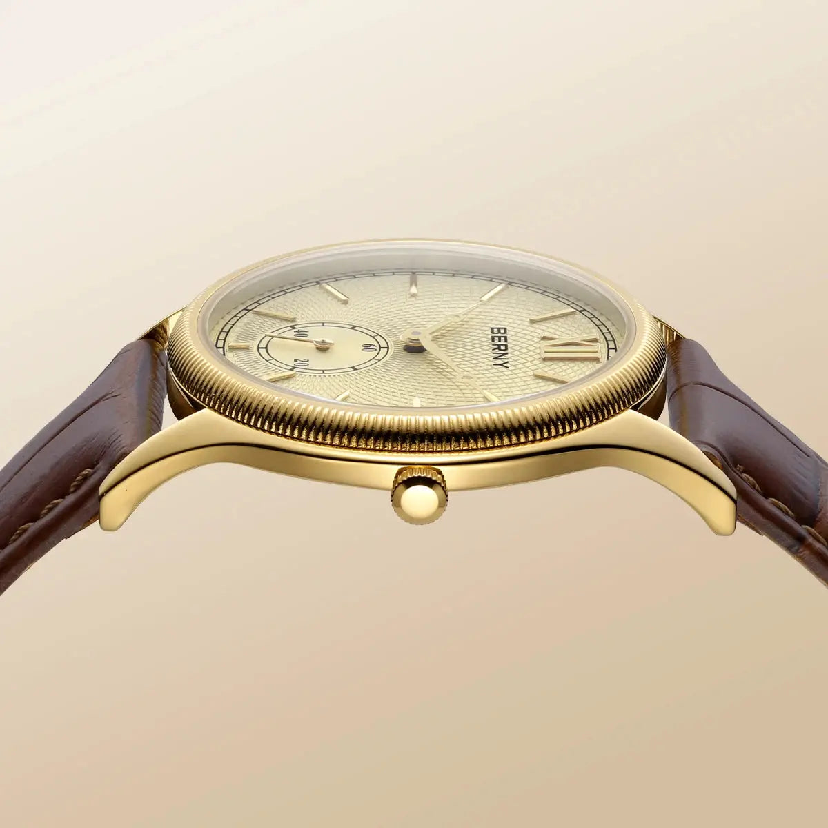 BERNY men's gold-tone quartz wristwatch with brown leather strap