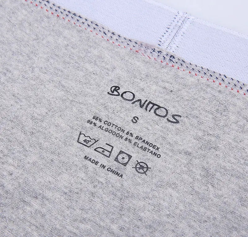 Boxer shorts label from Bonitos; cotton fabric, gray, care icons, Made in China, Simples Market 4pc underwear set