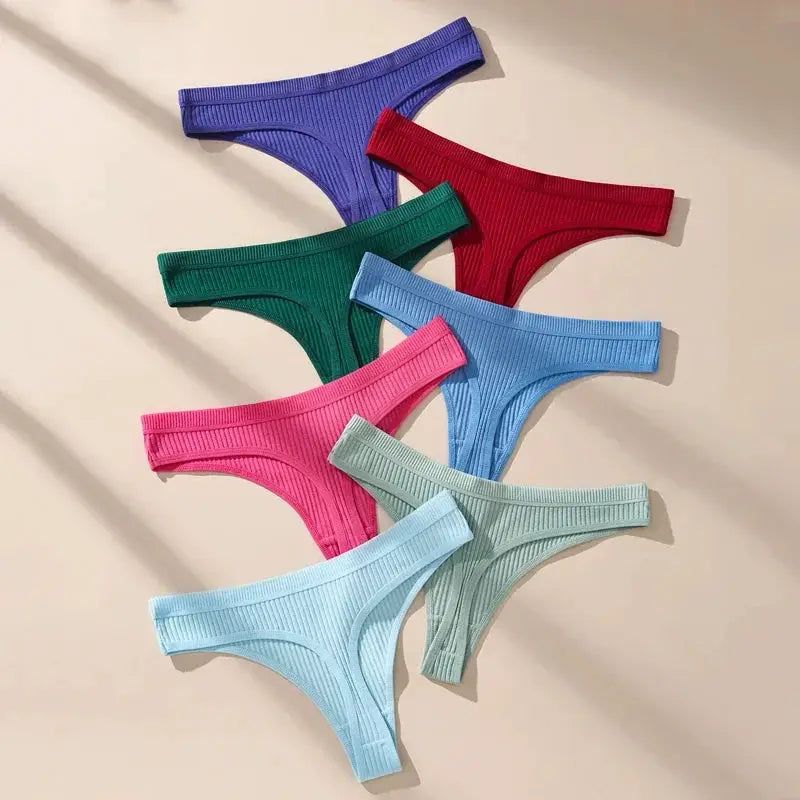 7-pack women's cotton thong panties in assorted colors with ribbed texture