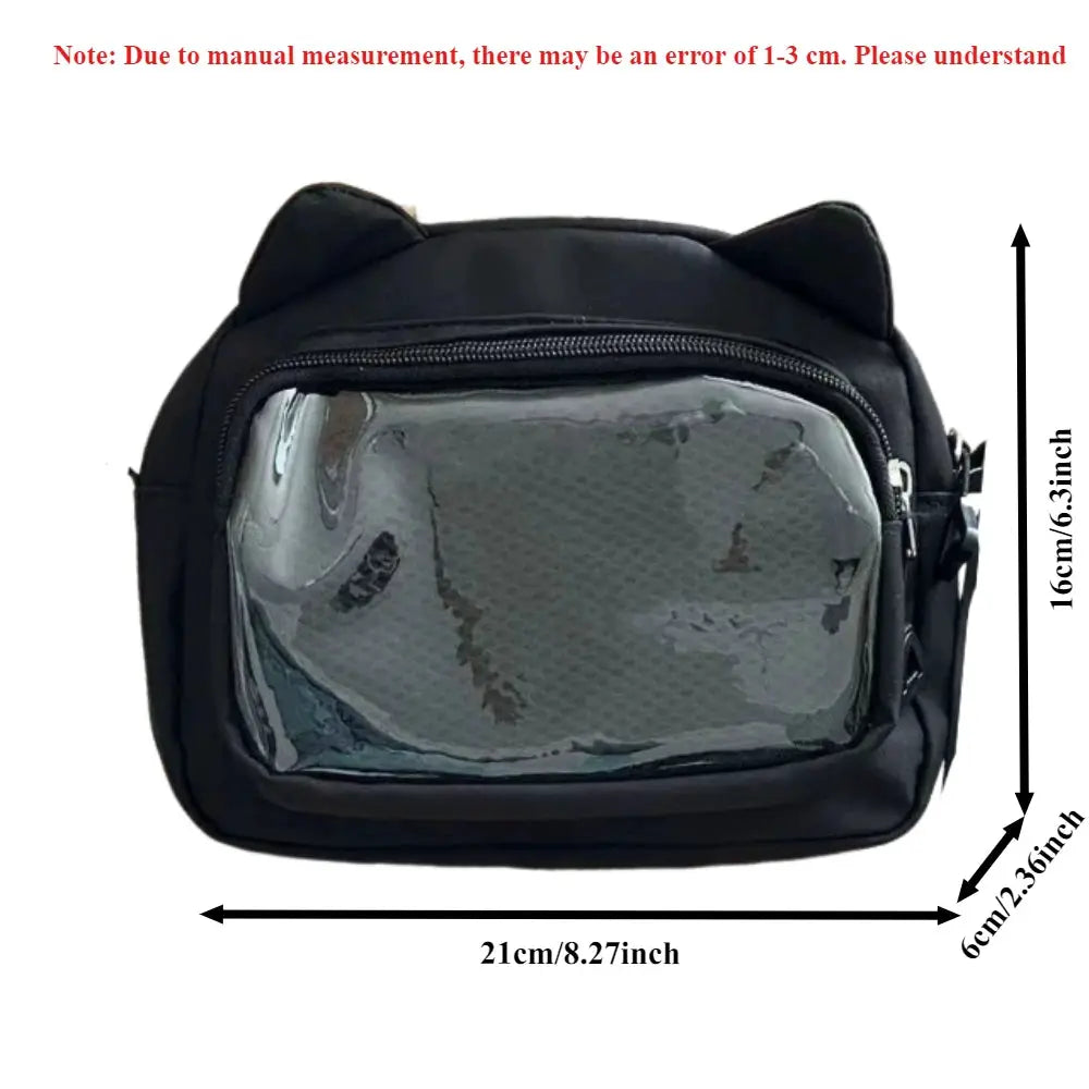 Ita bag crossbody for girls with transparent front panel, black fabric and cat-ear top, 21x16x6 cm; Simples Market