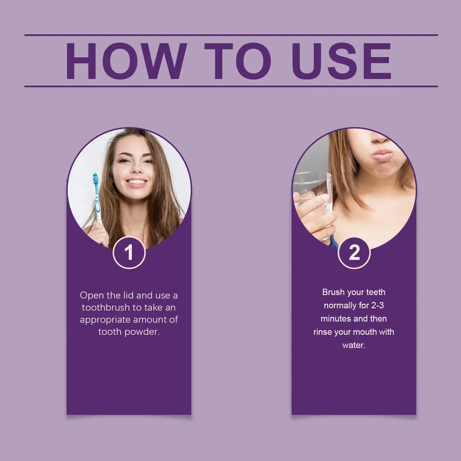 Toothpaste by Simples Market; purple teeth whitening powder shown in a two-step how-to-use infographic.