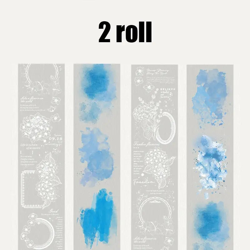 Watercolor washi tape set, 2-roll box with pastel blue designs for journaling and scrapbooking